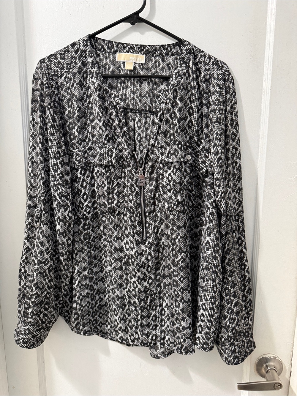Michael Kors Black and White Zip-Front Patterned Tunic Top